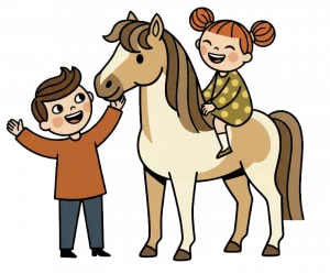 Caricatura de niños jugando con un poni del Pony Club de Hípica Guadarrama - Centro Hípico Prado Luis