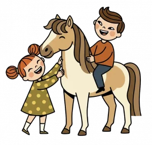 Caricartura de niños jugando con un poni del Pony Club de Hípica Guadarrama.