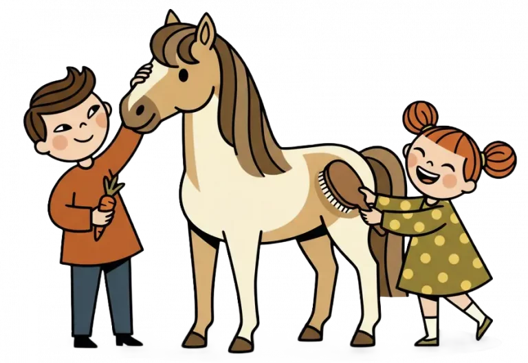 Ilustración de niños cepillando y cuidando un poni dócil del Pony Club de Hípica Guadarrama.